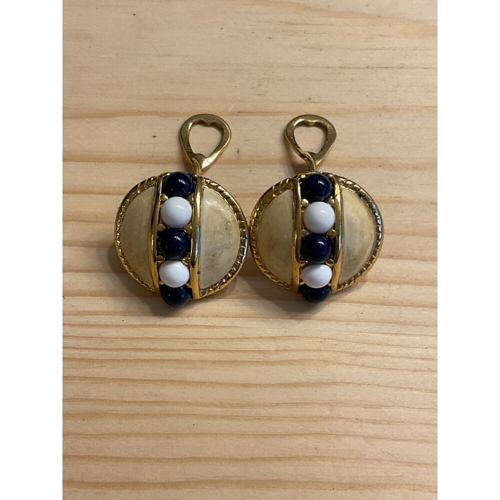Vintage Gold-Tone Clip-On Earrings With Blue & White Beads